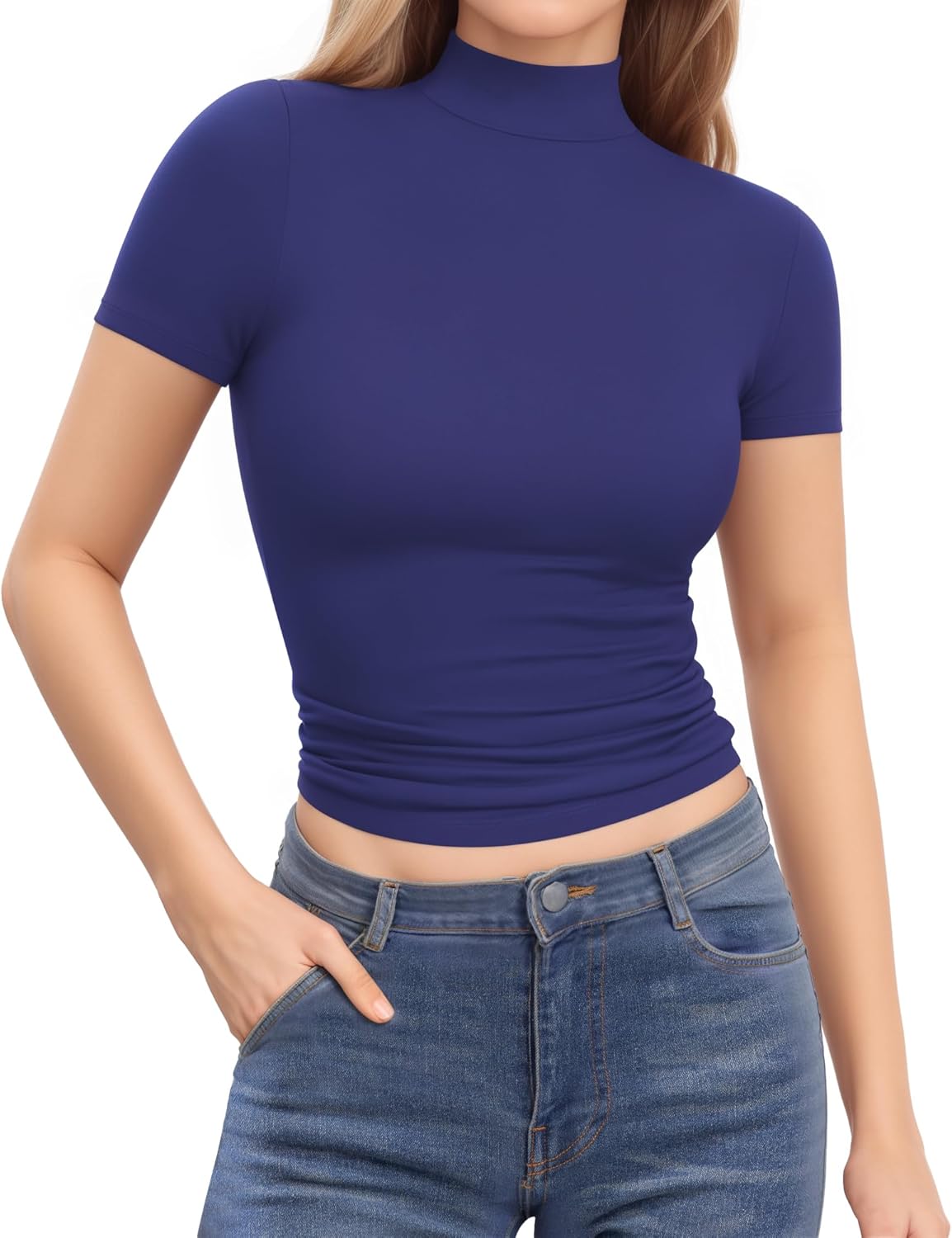 MANGOPOP Women's Turtleneck Mock Neck Shirt Double Lined Long Sleeve Short Sleeve Tops for Women Basic T Shirts Tight Tee