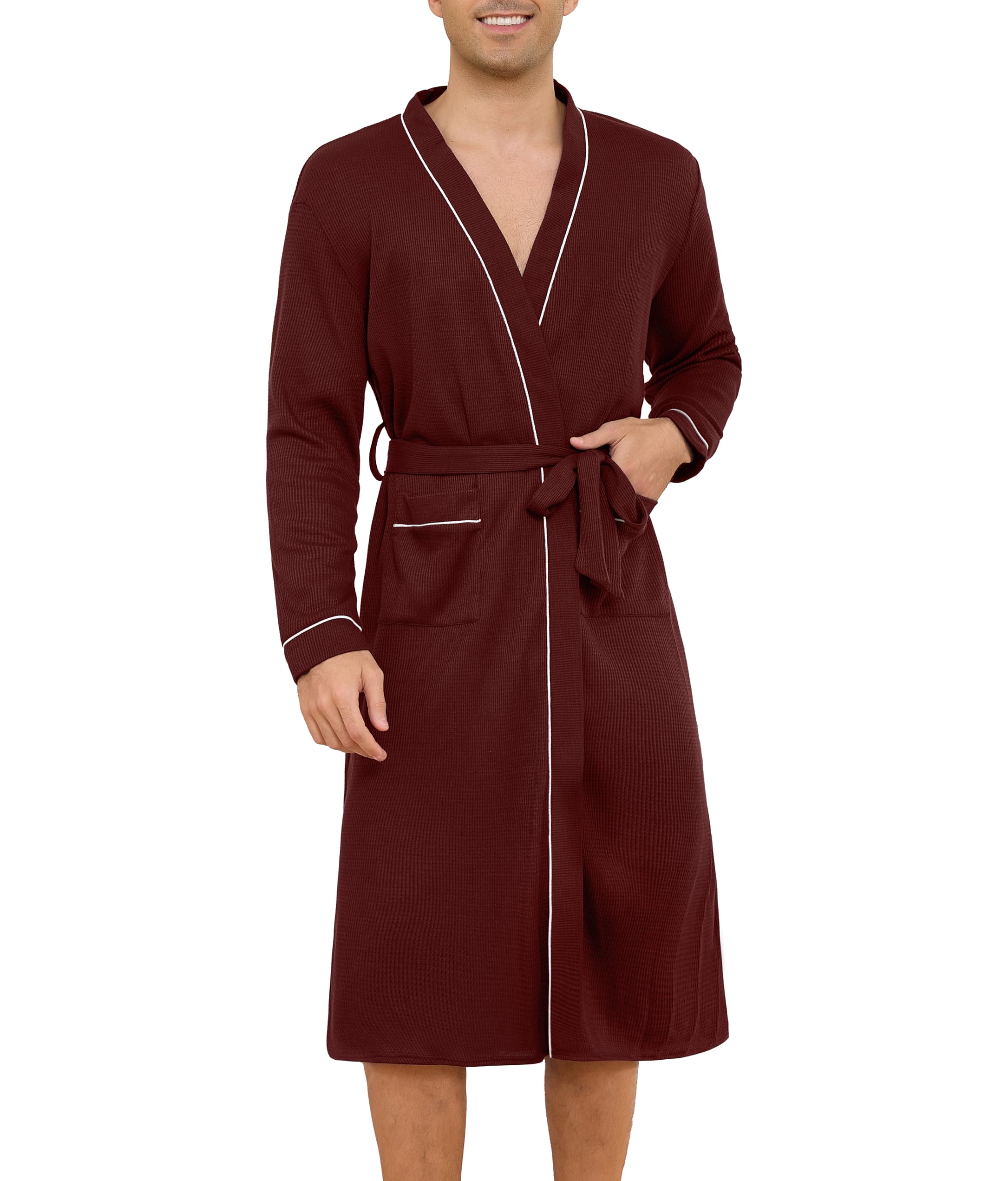 Lovasy Bademantel Waffelpique Herren Langarm Saunamantel Waffelstrick Morgenmantel Lang Loungewear mit Gürtel und Taschen
