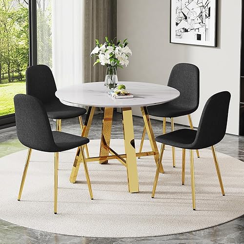 Miniatura 18 de Juego de 4 mesas de comedor redondas de 42 pulgadas para 4, juego de sillas de mesa de cocina modernas para 4 mesas de comedor de mármol sintético,