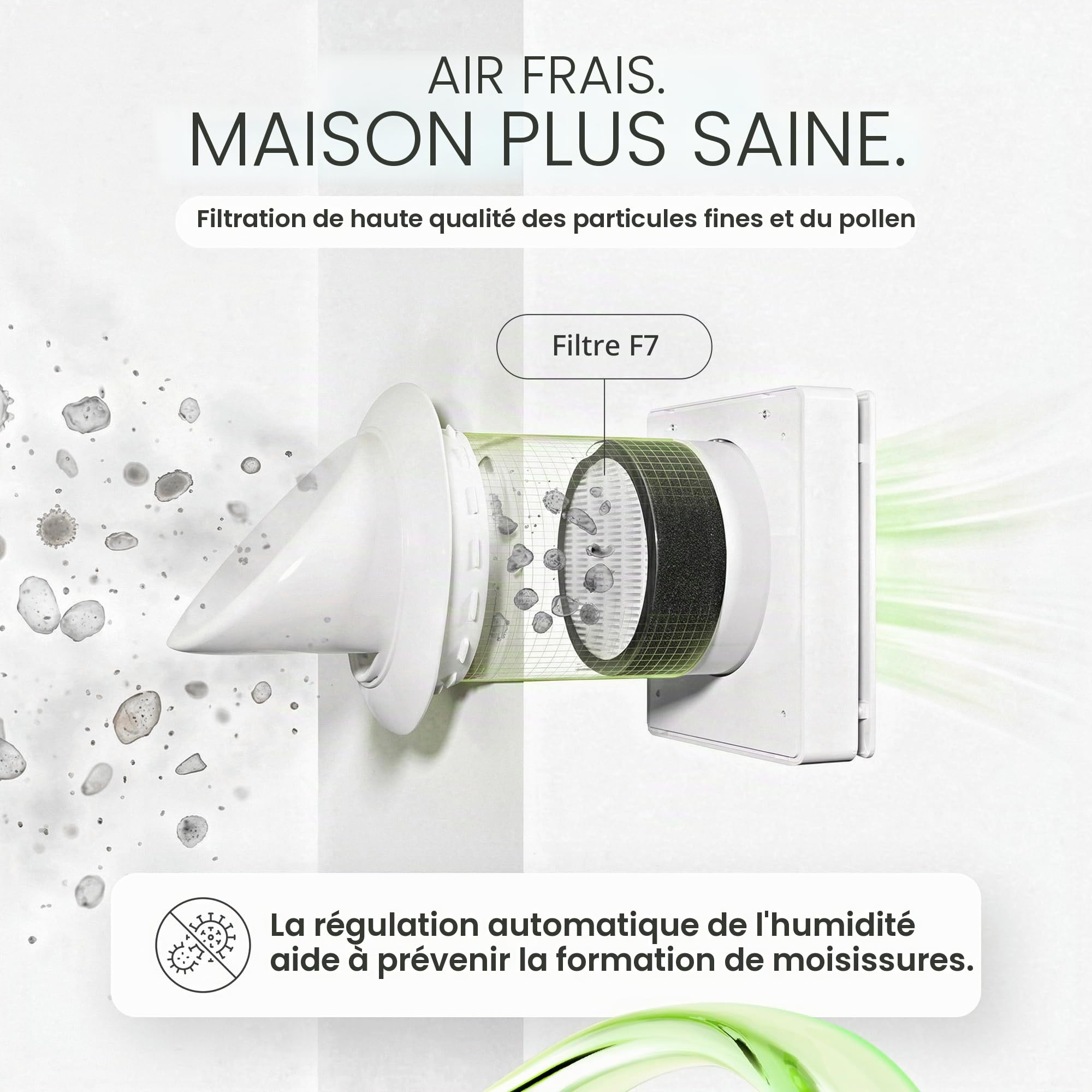 Aération décentralisée avec récupération de chaleur 97%, 60 m/h, filtre F7, WiFi, contrôle humidité, volet motorisé