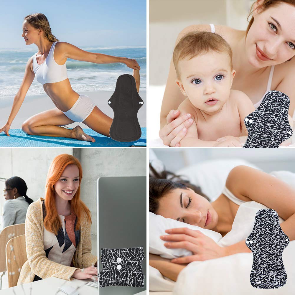 LIVEHITOP Serviettes Hygiéniques Réutilisables - Menstruel Chiffon Lavables bio Bambou Charbon Polyester avec Sac pour Incontinence Post-partum Femme (5pc XL +Sac)