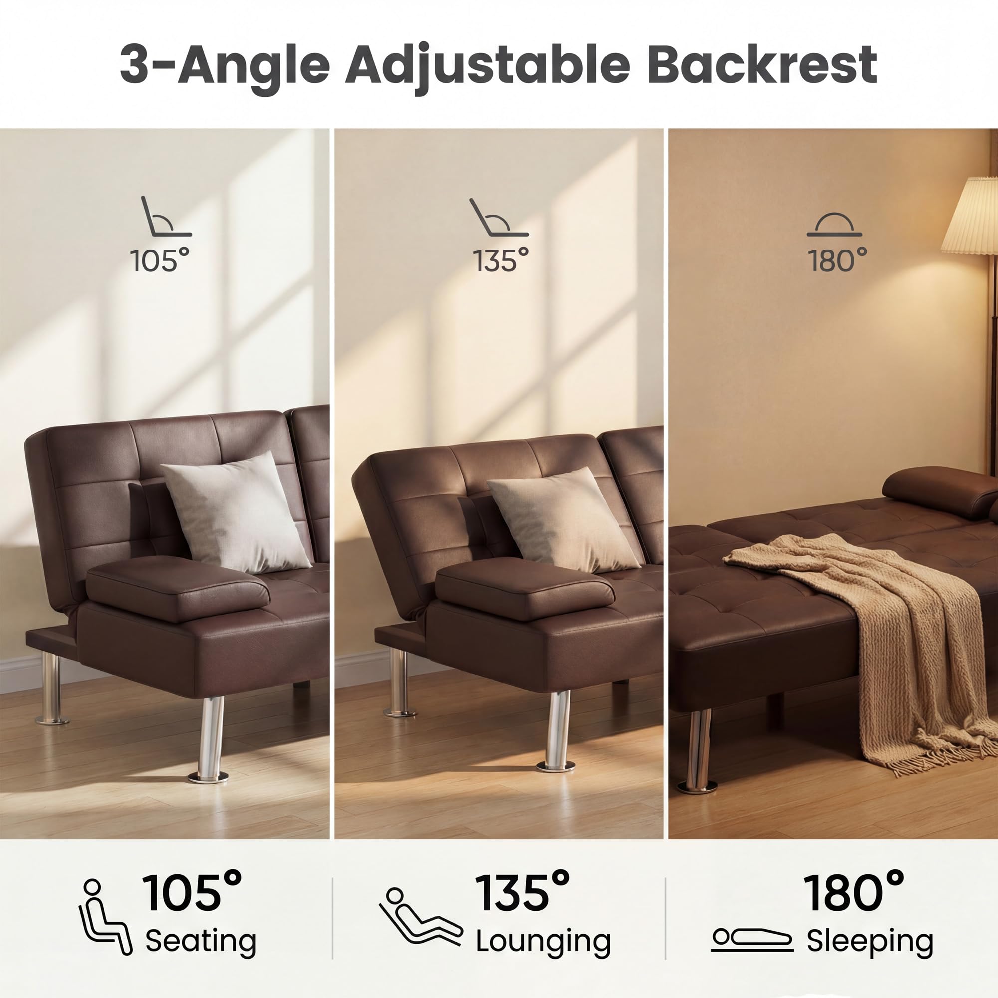 YESHOMY Modern Futon Sofa Bed, Convertible Futon Couch with Adjustable Backrest, Futon Loveseat Sleeper Sofa Bed with Armrest for Living Room, Small Spaces,PU Leather, Brown