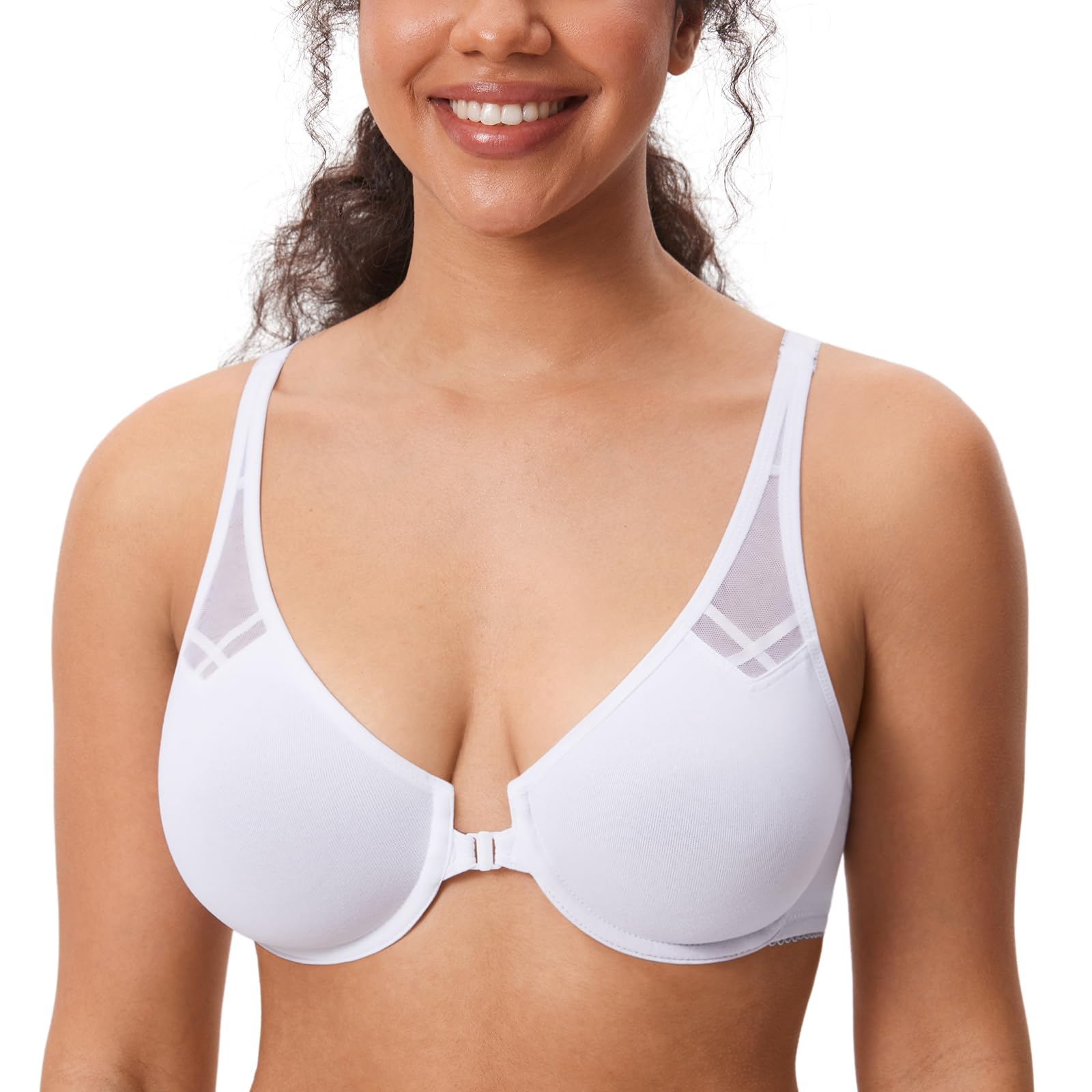 DELIMIRA Women's Front Fastening Bras Underwire Unlined Racerback Plus Size Bra White 38F