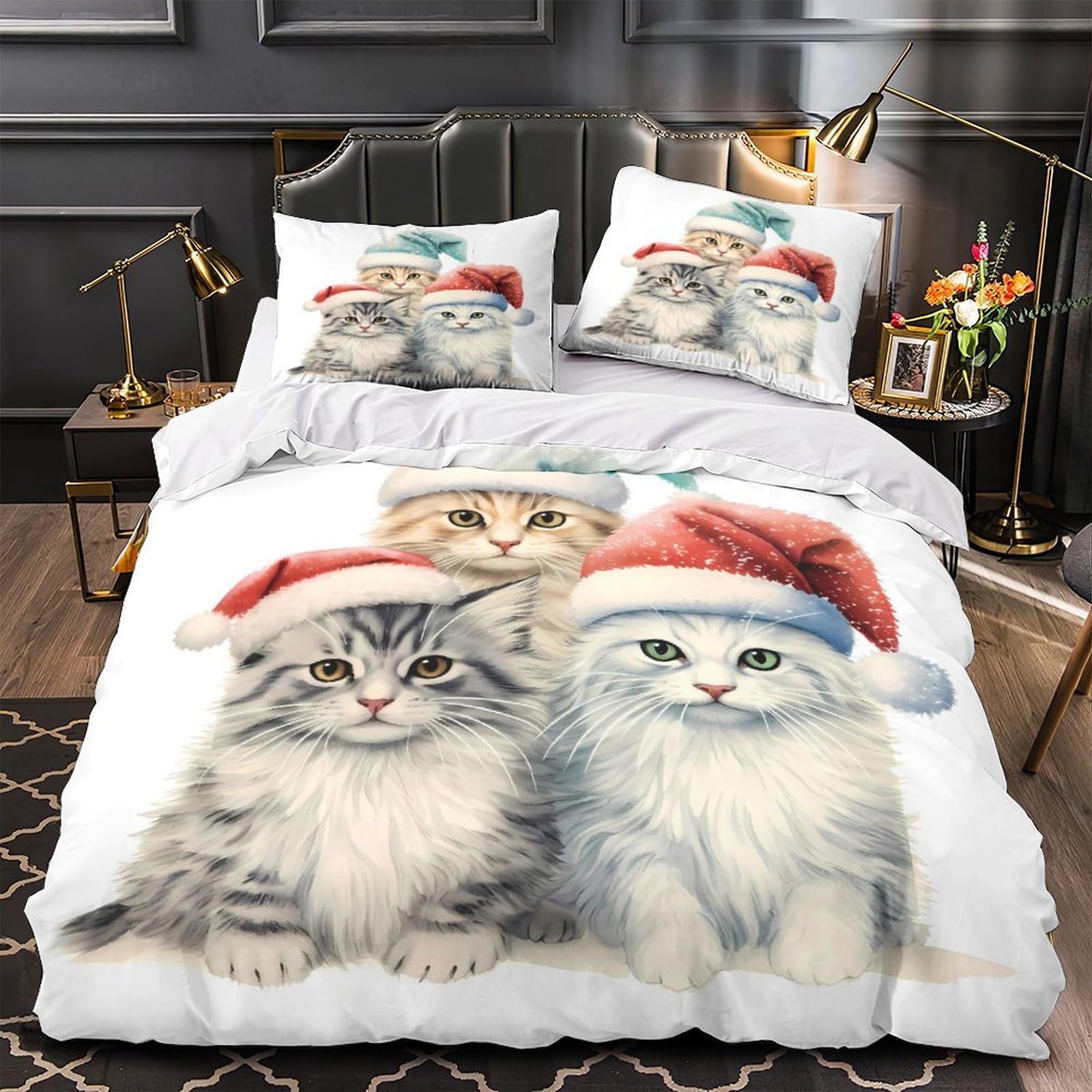 Parure de lit chat de Noël 200x200 avec housse de couette en microfibre pour enfants