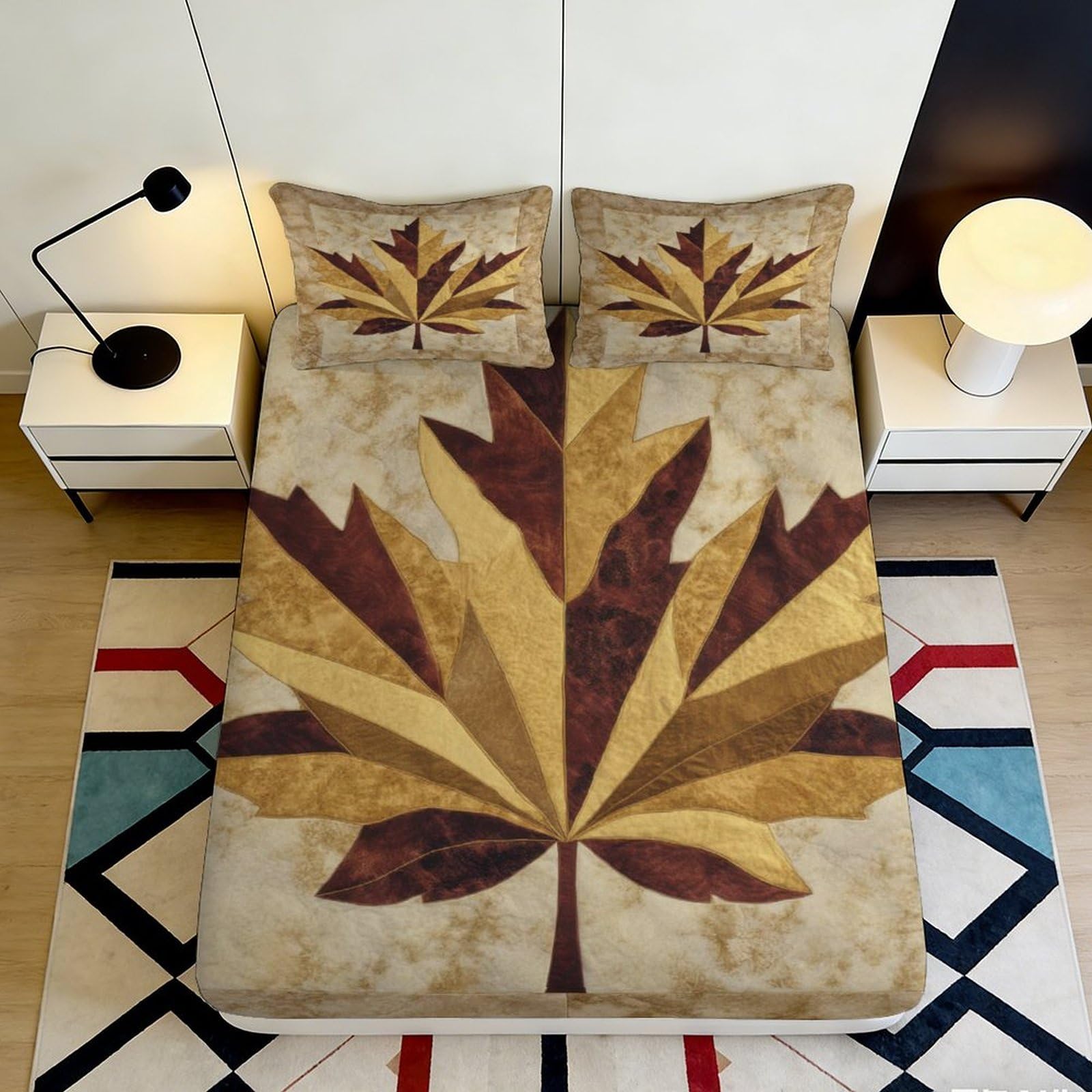 3D Printed Maple Leaf Fitted Sheet Microfiber Soft Touch Autumn Brown Bed Cover for Bedroom Guest Room Decor 90x200x25cm