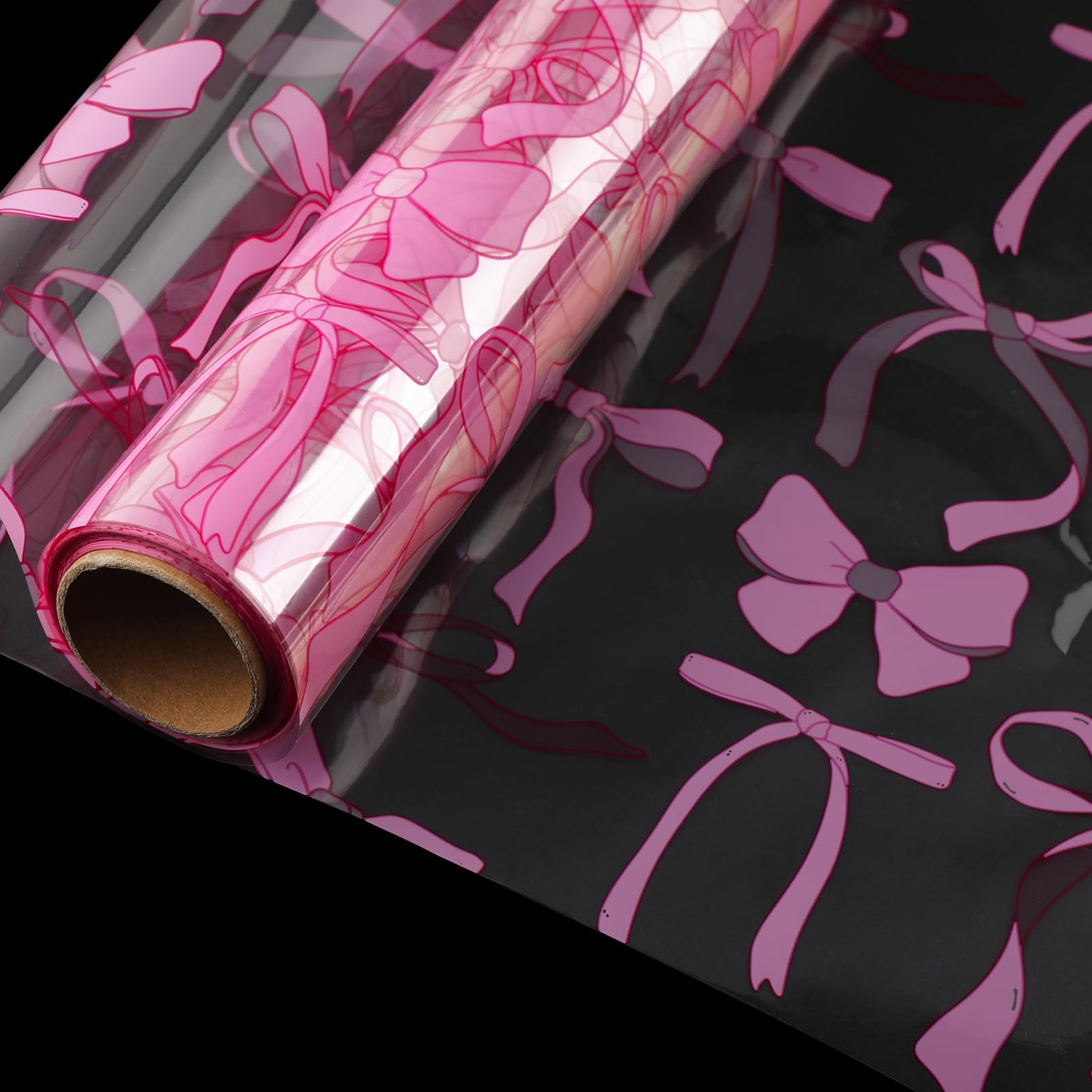 Clear Cellophane Wrap Roll with Pink Bow Pattern 40cm x 30m Transparent Gift Wrapping Paper, Cellophane Wrap for Gift Baskets,Flowers,Baby Shower & Party Gifts