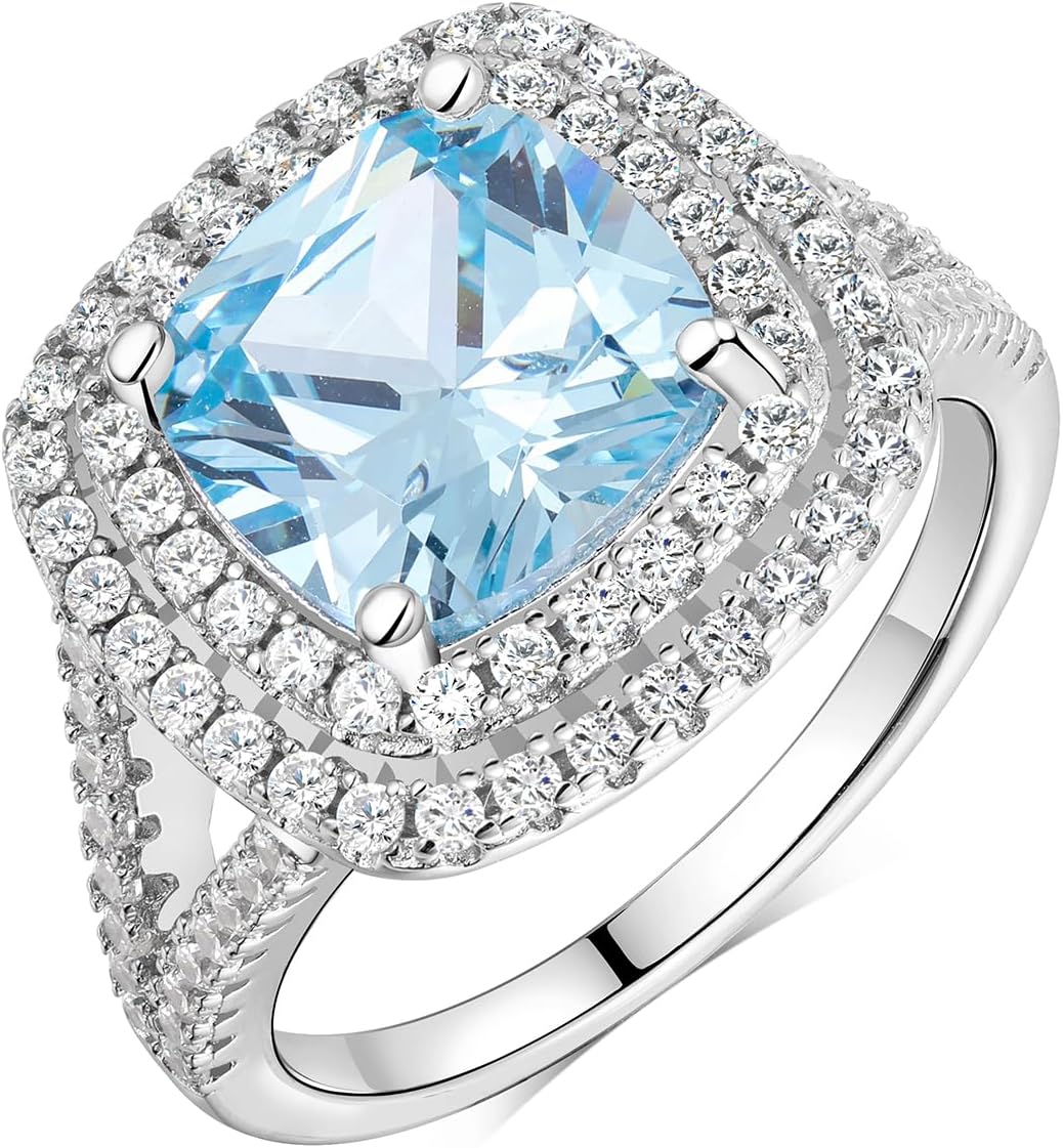 Cushion Cut Engagement Ring for Women CZ Inlaid Double Halo Rings Wedding Valentines Day Jewelry White Gold Plated Silver Aquamarine/Alexandrite/Opal Rings for Lover Wife, Size 5-10