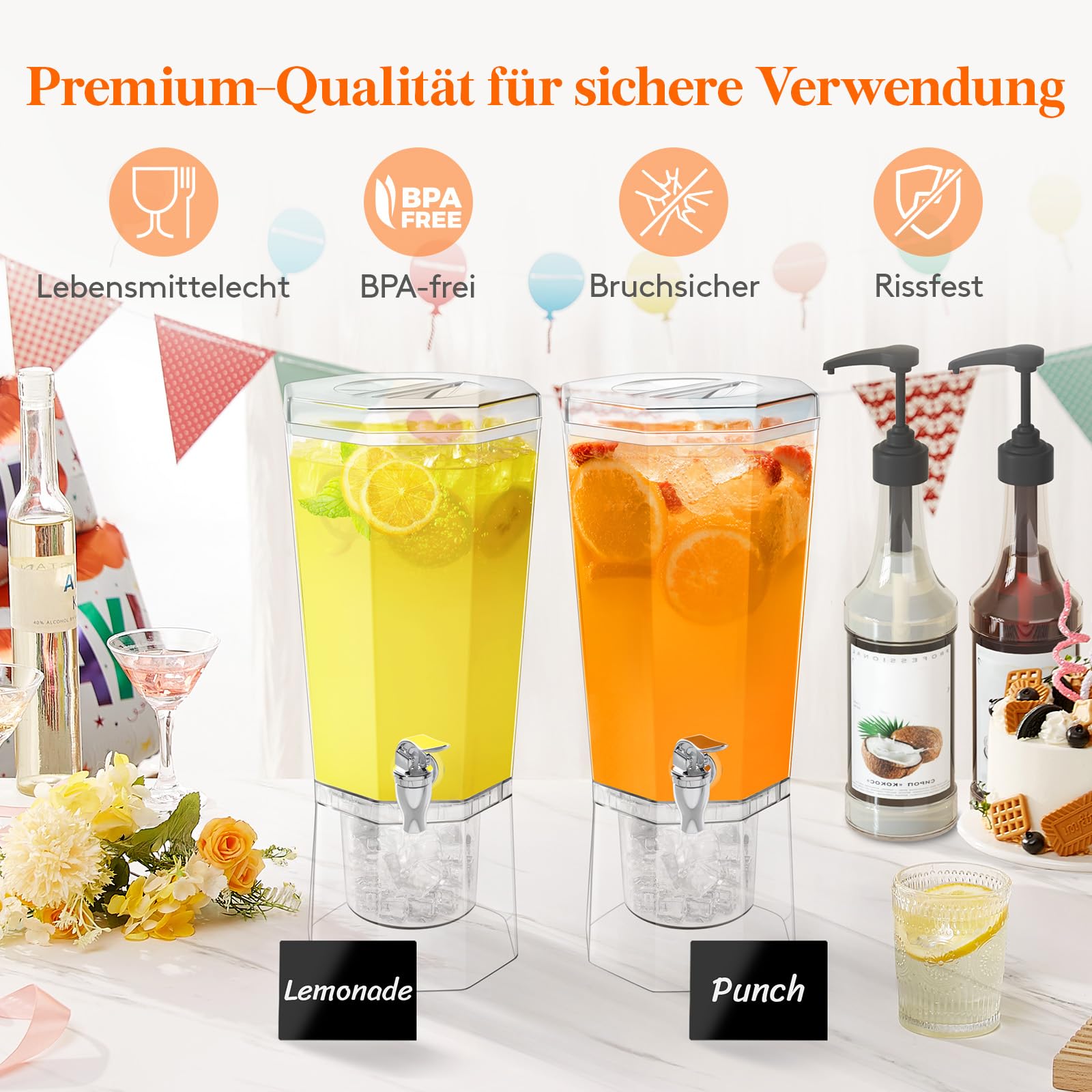 Lifewit 4L Getränkespender mit Zapfhahn, Kunststoff Drink Dispenser mit Ständer für Cocktails Saft Wasser Getränke, Beverage Dispenser mit Schild für Party Hochzeit Events, 2 Stück, 39 x 16 cm/15x6"