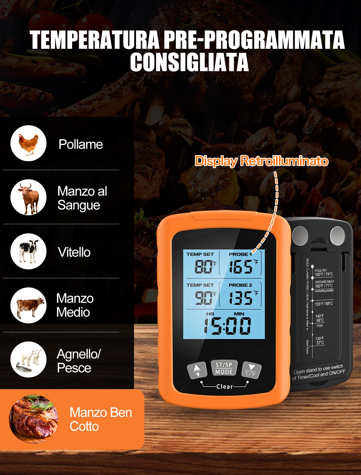 CIRYCASE Termometro Cucina Doppia Sonda 16.3cm, Termometri Barbecue Lettura Rapida & Precisa, Termometri da Vino Forno Auto Spegnimento con Schermo LCD Digitale e Impostazione Allarme per BBQ Grill