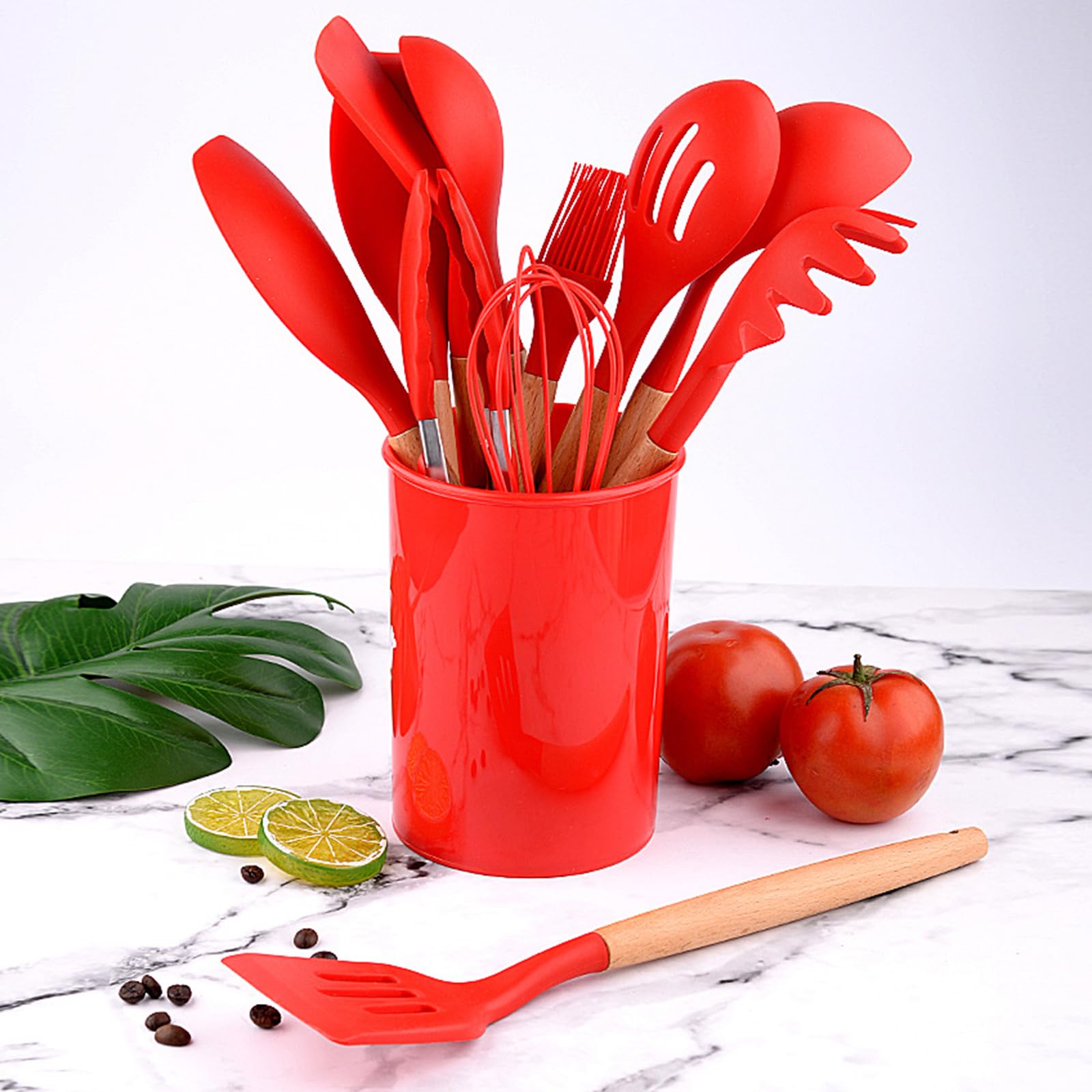 12-teiliges Küchenhelfer-Set aus Silikon mit Holzgriff, Antihaft-Backutensilien, rotes Küchenhelfer-Set mit Aufbewahrungseimer, perfekt zum Kochen & Backen