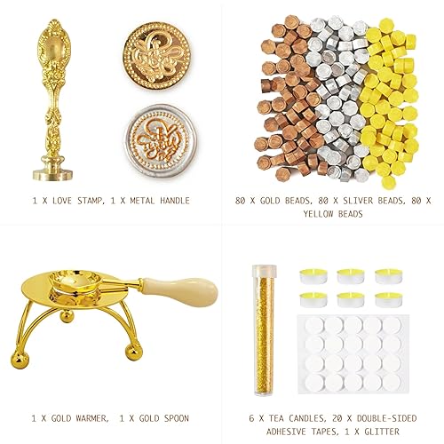 Miniatura 2 de Siyueyujie Kit de sellado de cera, 1 sello de cera con 240 cuentas de sello de cera en 3 colores, calentador de cera de sellado, cuchara de sellado