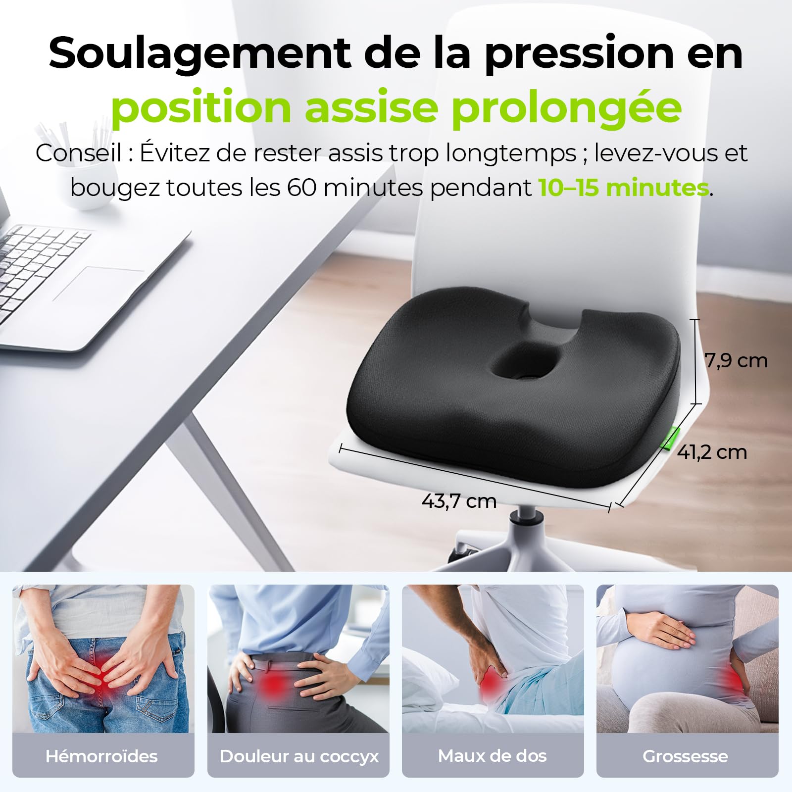 AUVON Coussin Chaise, Coccyx orthopédique, Chaise Bureau Ergonomique mémoire de Forme en U pour soulager Les hémorroïdes et la sciatique, Voiture, Fauteuil Roulant et Grossesse