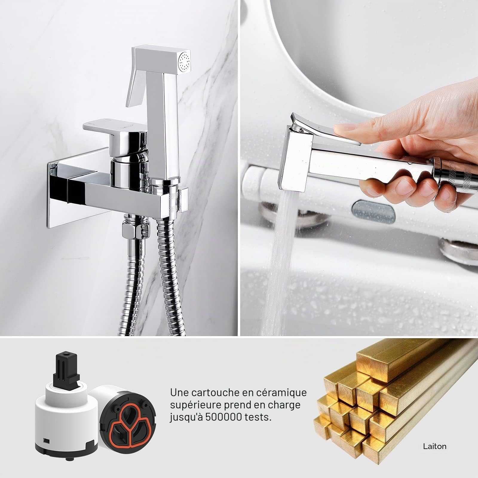 Ibergrif bidet à main chromé avec tuyau et valve d'arrêt | Muslim shower Shattaf pour WC, toilette et hygiène personnelle, kit complet
