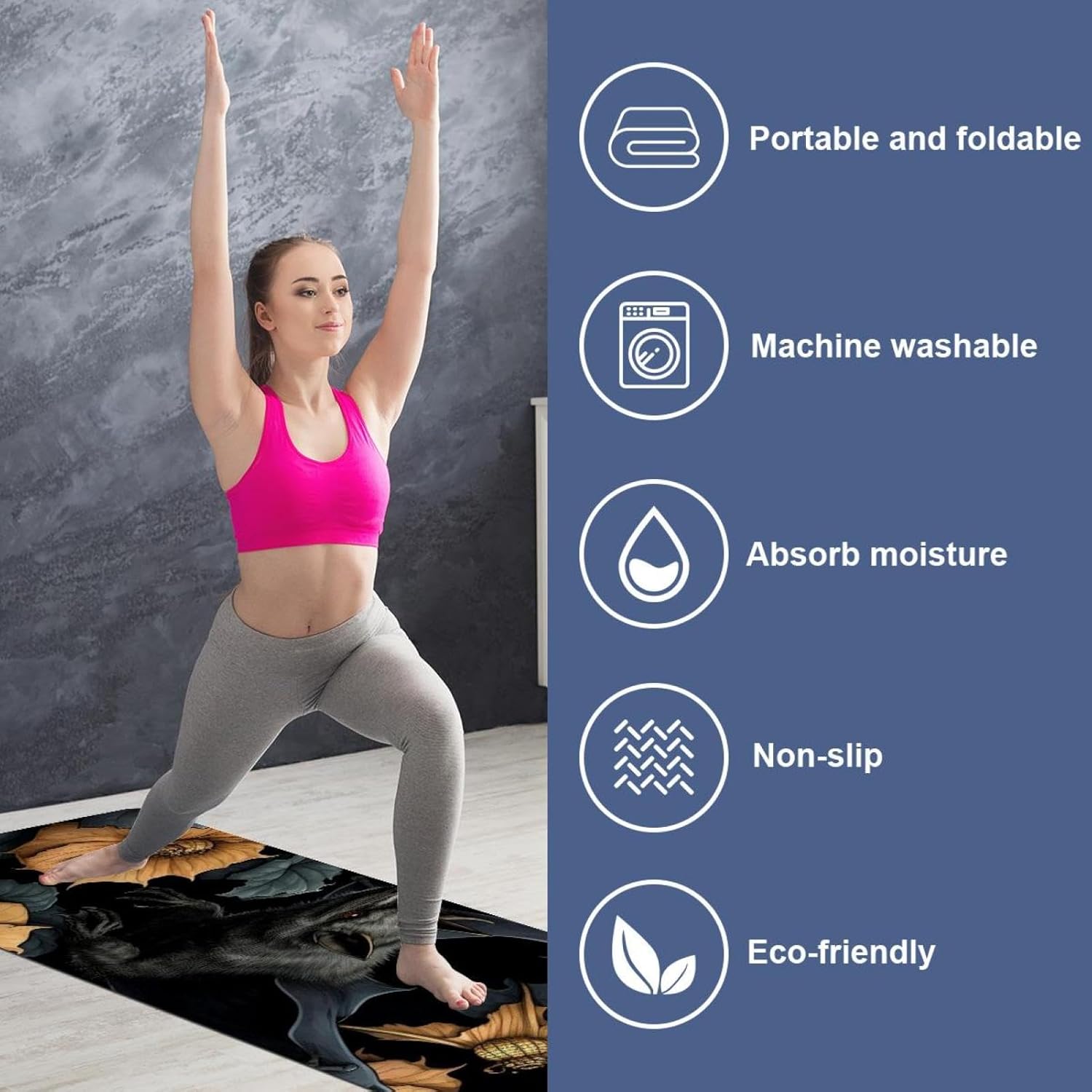 Yoga Towel, Bat Pattern Non Slip Sweat Absorbent Hot Yoga Mat Towel for Hot Yoga, Pilates and Fitness - 72.8" x 26.8"