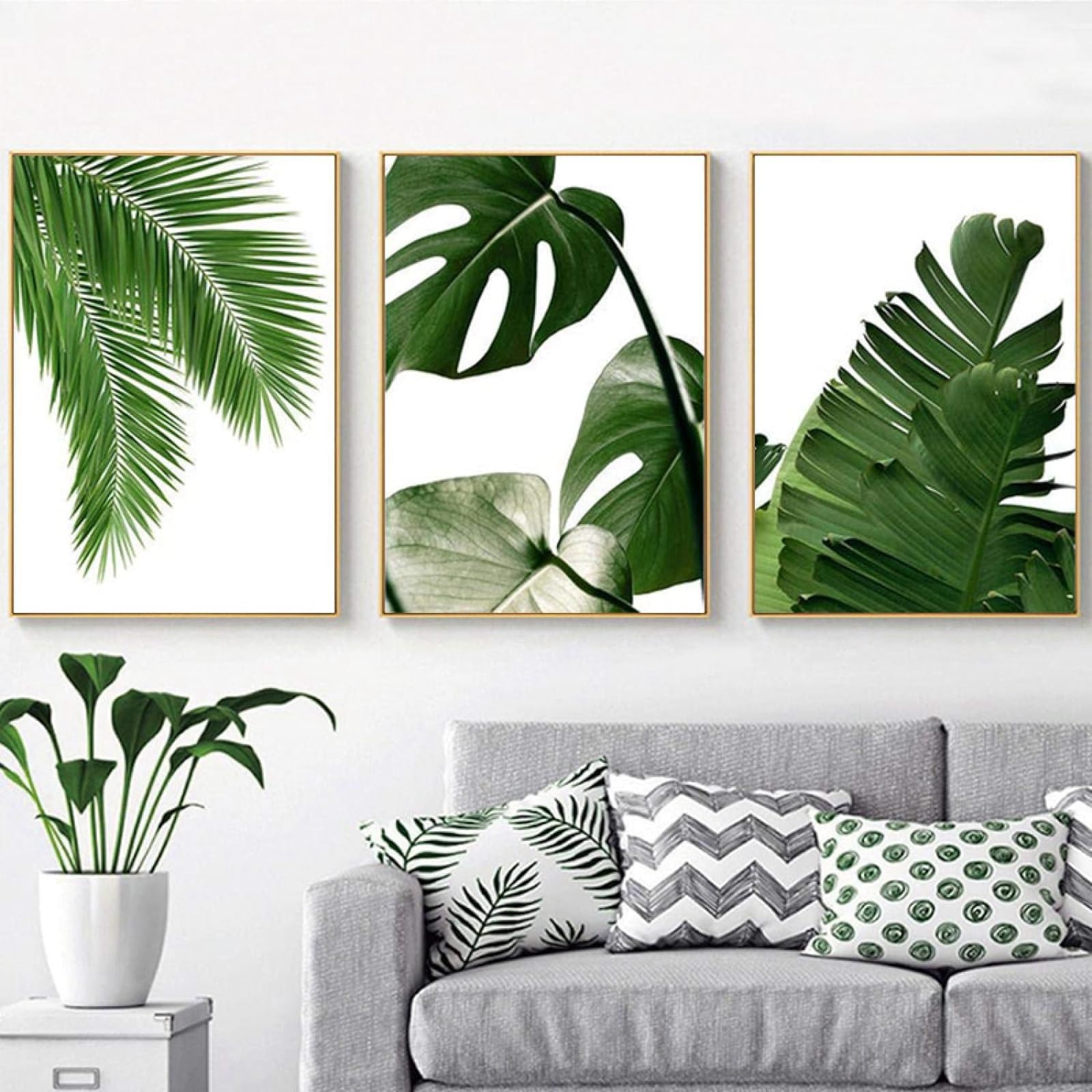 Toile peinture tableau décoration murale moderne avec feuilles tropicales vertes 3 pces