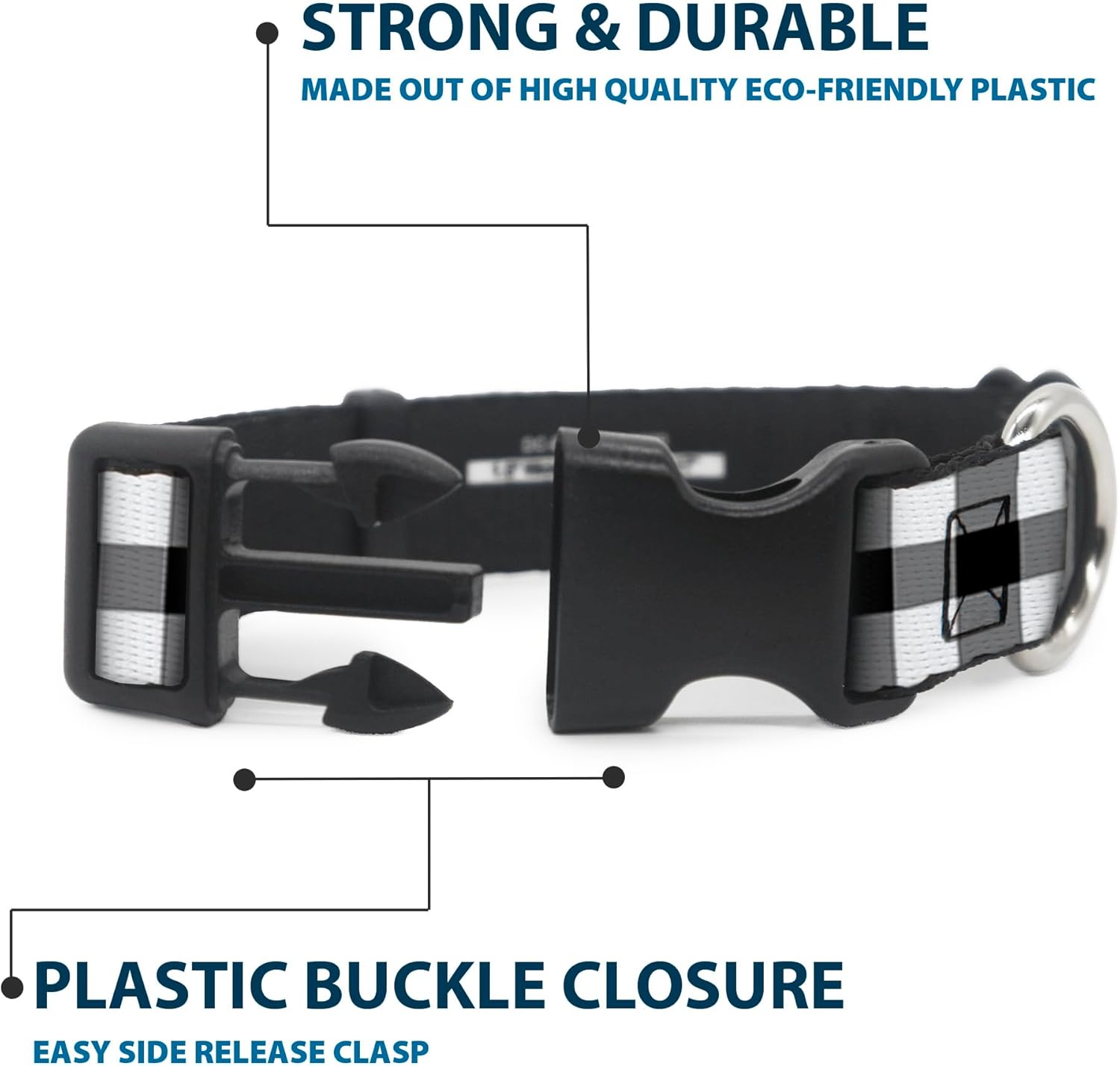 Buckle-Down Buffalo Plaid Black/White Plastic Clip Collar, 1.5" x 18-32"/Large