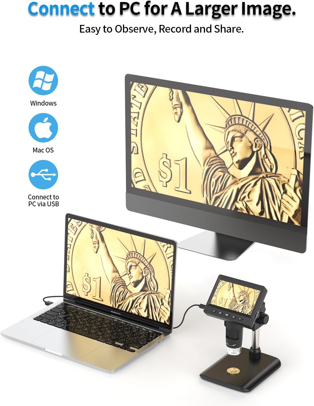 AOPICK Digital Microscope connected to a laptop and a desktop monitor via USB, displaying a magnified coin image