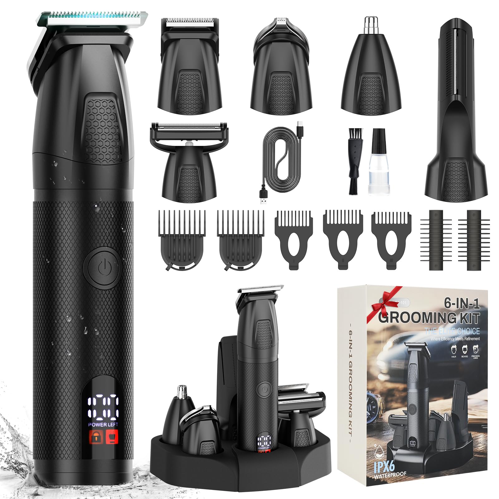 Beard Trimmer for Men Professional with Hair Clippers 6-in-1 Cordless Hair Trimmer Set IPX6 Waterproof Mens Grooming Kits