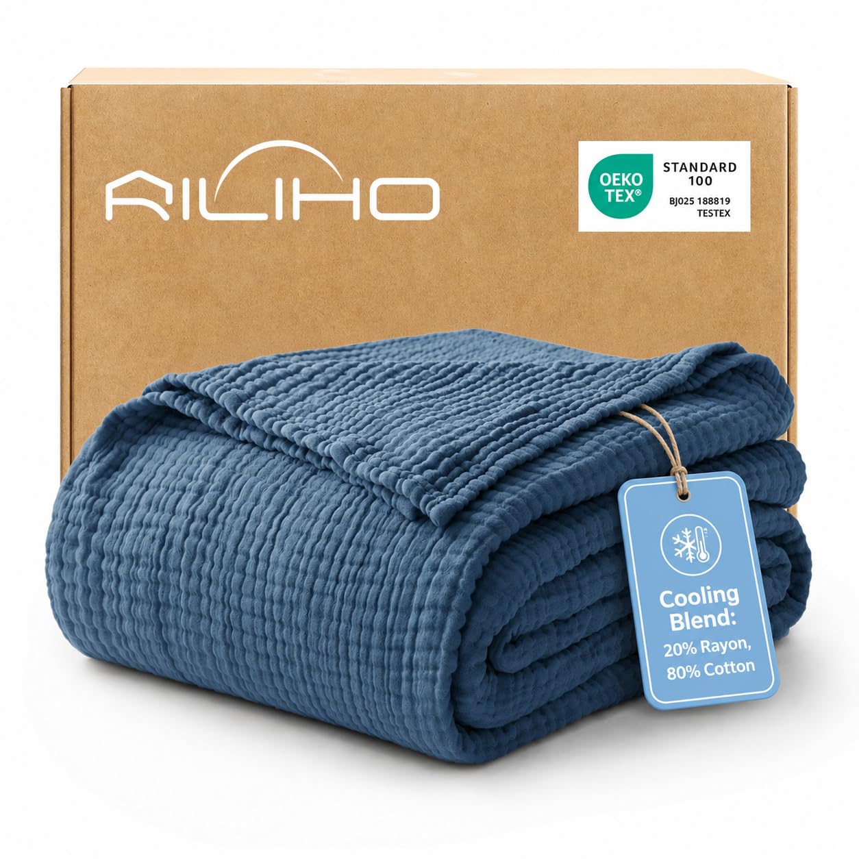 RILIHO Cooling Muslin Queen Blankets for Hot Sleepers, 6-Layer Cooling & Breathable Gauze Blanket, 80% Cotton, 20% Rayon Derived from Bamboo, 90"x90", Neptune