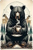 Rustic Bear Morning Brew Coffee Cup Vintage Metal Tin Sign Wall Art - Cozy Cabin Kitchen Decor 12x8 Inch Unique Gift