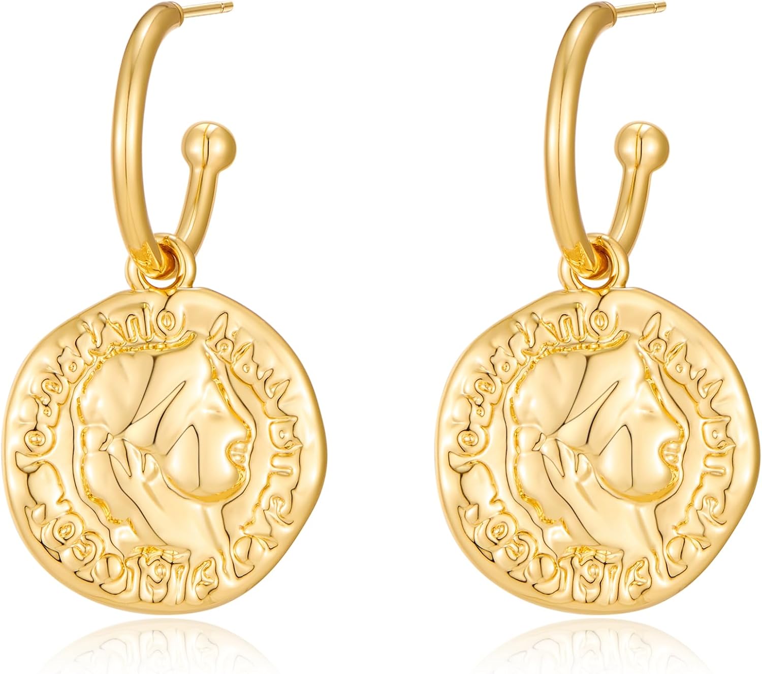 FAMARINE Gold Coin Earrings for Women Dainty Dangle Earring Trendy Gold Hypoallergenic Jewelry