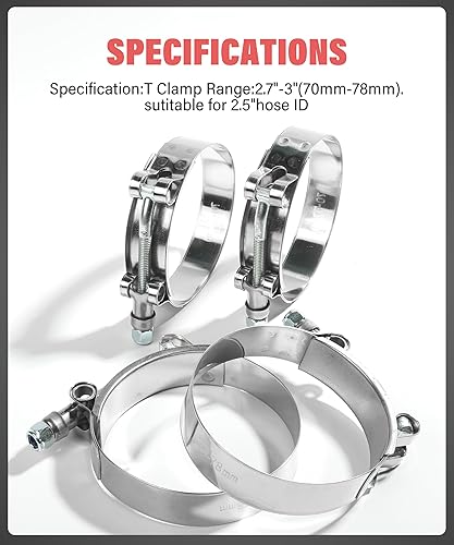 Miniatura 8 de Zlirfy 4 abrazaderas de manguera con pernos en T, abrazaderas de tubo intercooler de acero inoxidable, abrazaderas de tubo turbo, abrazadera de