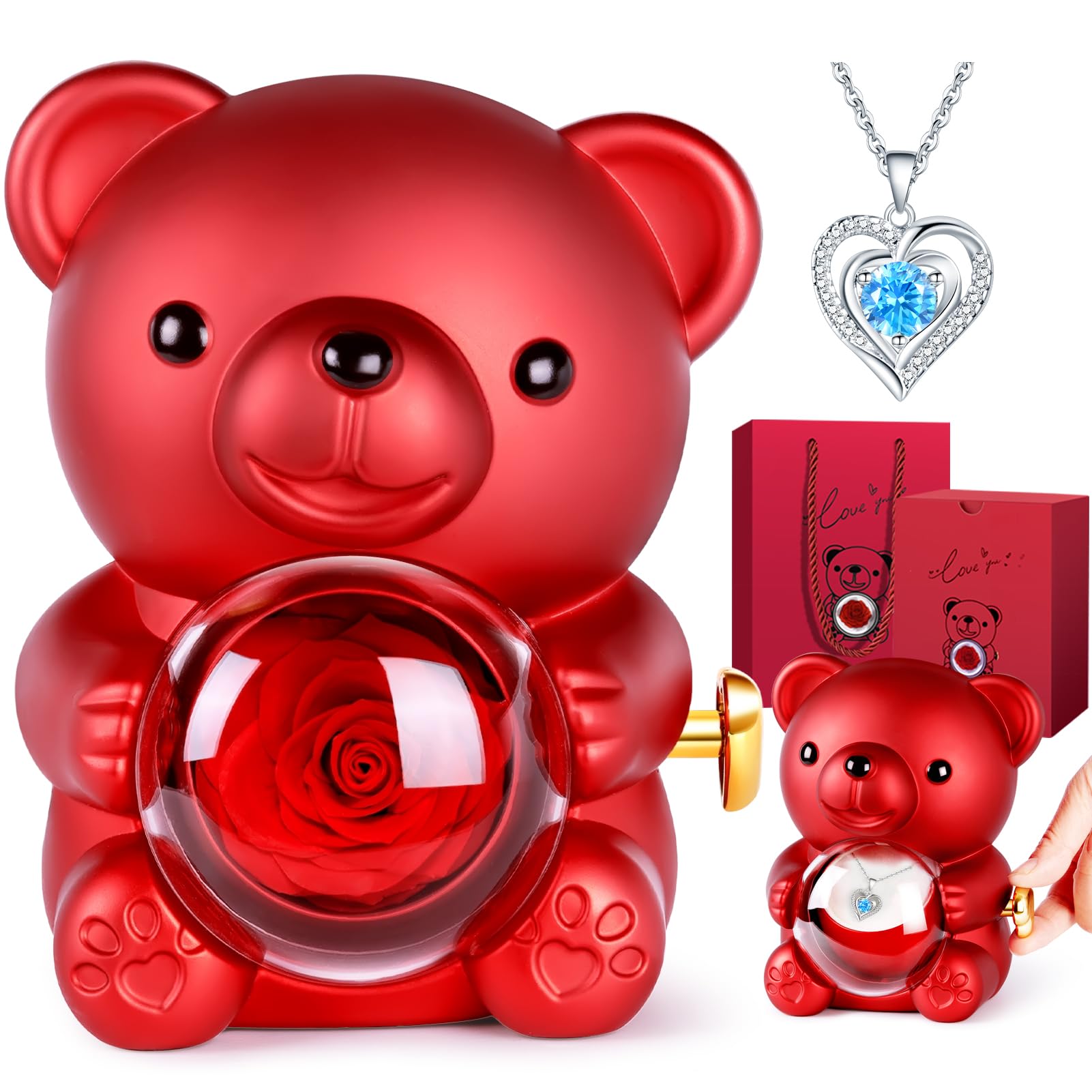 Aloskart Romantic Teddy Bear with Preserved Rose, Rose Teddy bear with Hidden Jewelry Box, Birthday Gifts for Women, Graduation Gifts for Her, Valentino Gifts for Her(Blue Necklace)