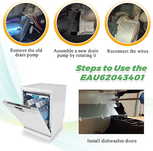 Miniatura 6 de Techecook - Motor de bomba de drenaje para lavavajillas EAU60710801 EAU62043401 (OEM) - Reemplazo para lavavajillas y secadora Ken-more y L-G -