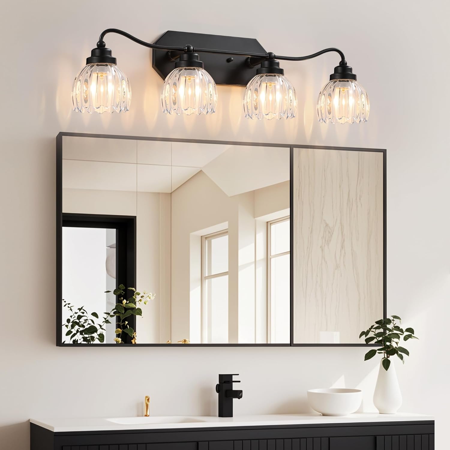 vintage bathroom light fixtures, 4 light bathroom vanity light, black matte antique brass finish with crystal glass shade, mid century wall sconces for bedroom, living room, hallway black 4-light