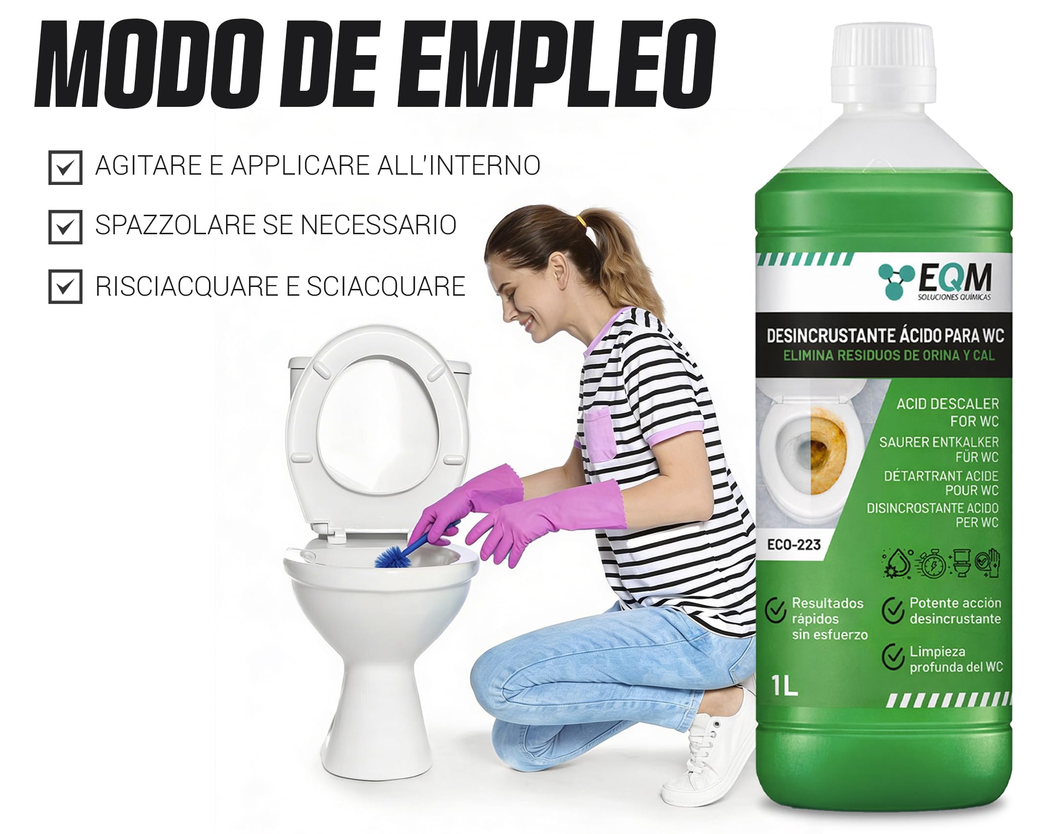 EQM Disincrostante WC Acido 1 L - Anticalcare Potente - Rimuove Calcare Ostinato e Ruggine - Detergente Professionale per Sanitari - Formula ad Alta Prestazione