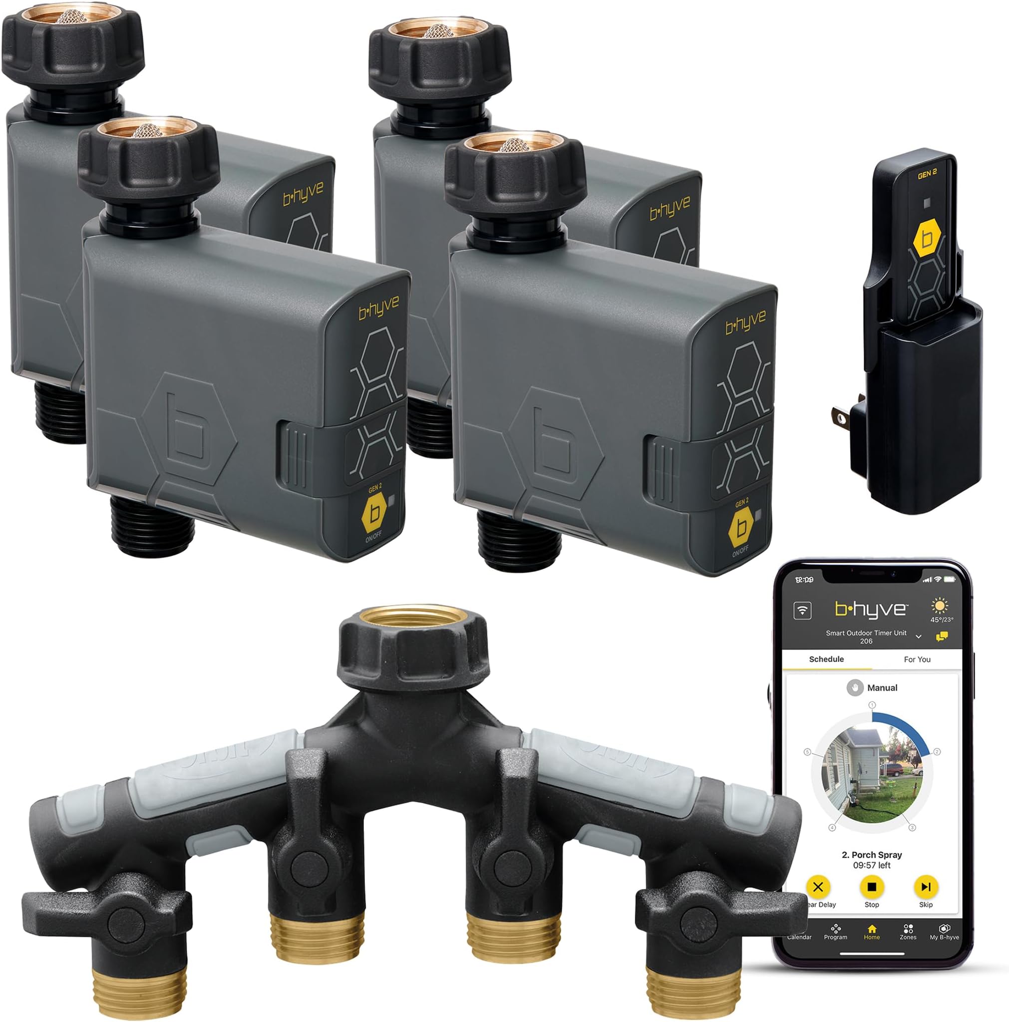 21207 B-hyve Smart Hose Watering Timer (Gen 2) 4-Pack with Wi-Fi Hub and Hose Y Splitter, Gray