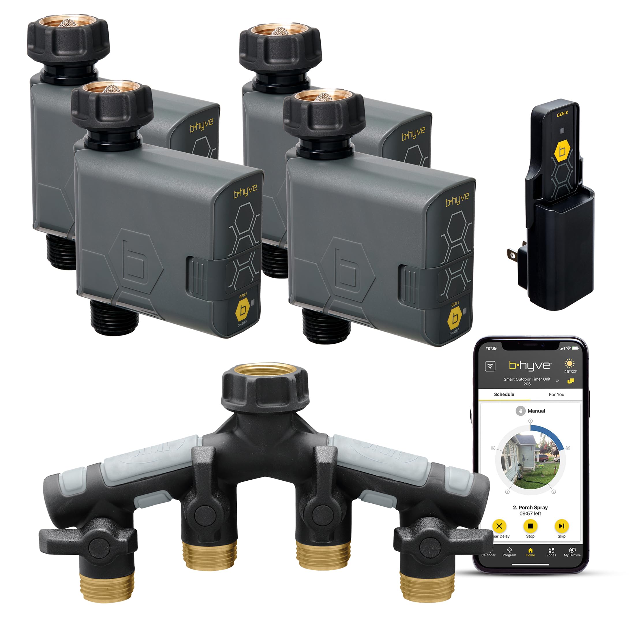 Orbit 21207 B-Hyve Gen 2 Smart Hose Watering Timer, 4-Pack With Wi-Fi Hub And Hose Y Splitter