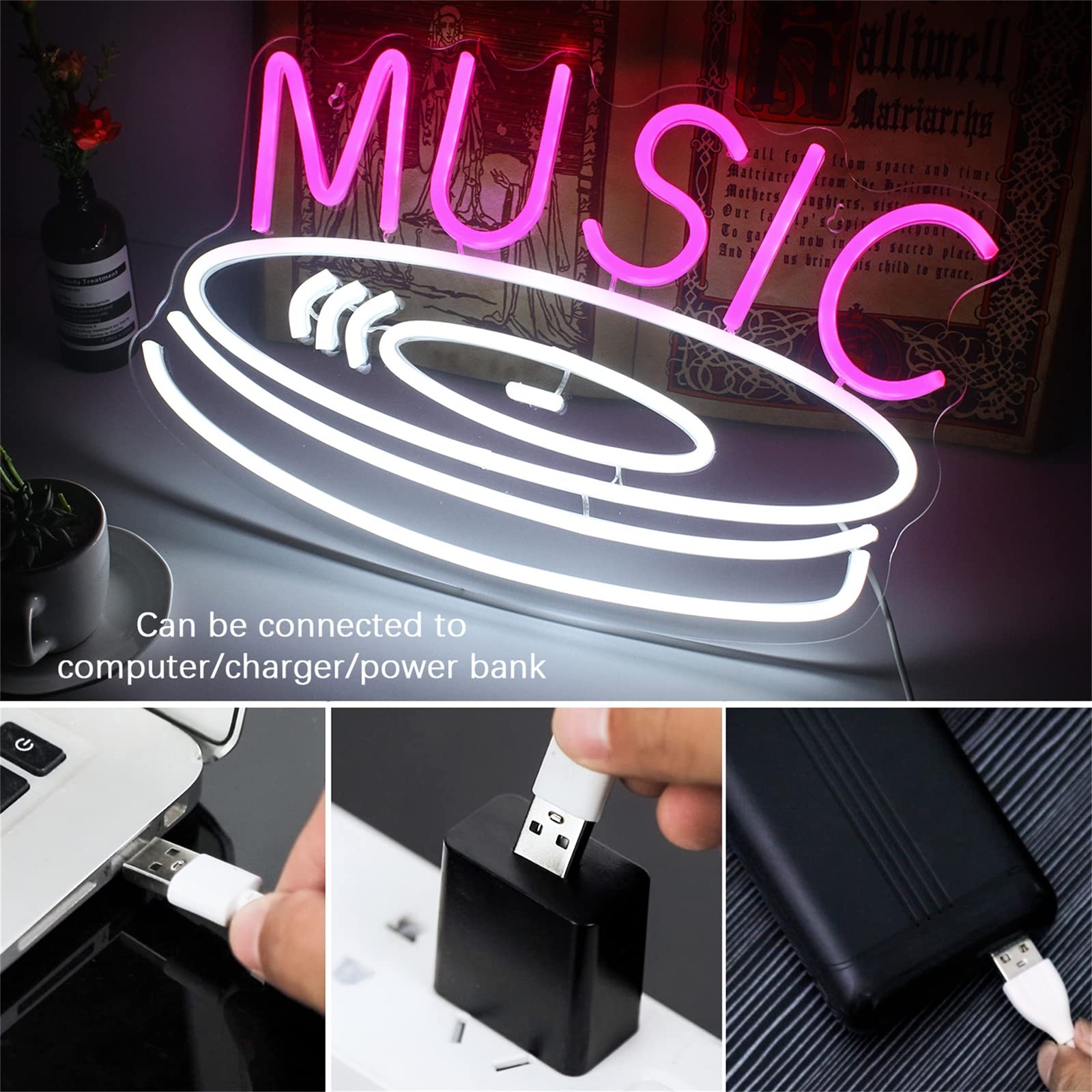 Luz neón Registro música Letrero neón con Registro música led Letrero música Estudio hogar Bar Musical DJ señal neón Tienda Discos música Fiesta Musical decoración Concierto Muestra música