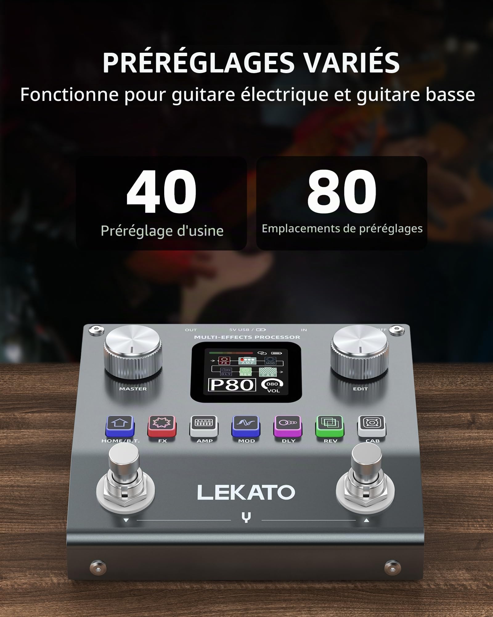 LEKATO Pédale multi-effets pour guitare, processeur d'effets rechargeable pour basse avec 6 modules d'effets, 80 préréglages éditables, édition APP, chargement IR, enregistrement OTG, fonction BT