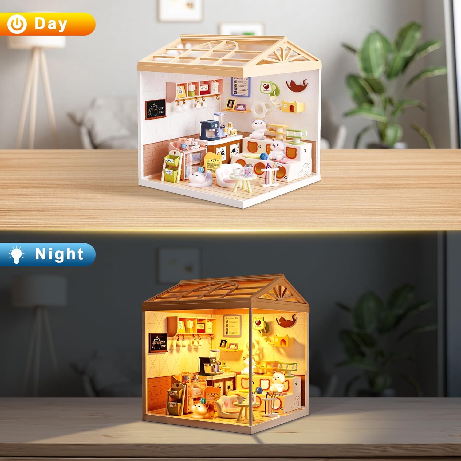 DIY Miniature House Kit with LED Lights, Whimsical Cat Cafe Miniature Kit with Roof & Dust Covers for Teens, DIY Coffee Shop with Cats & Furniture, Creative Christmas Decoration Gift Idea