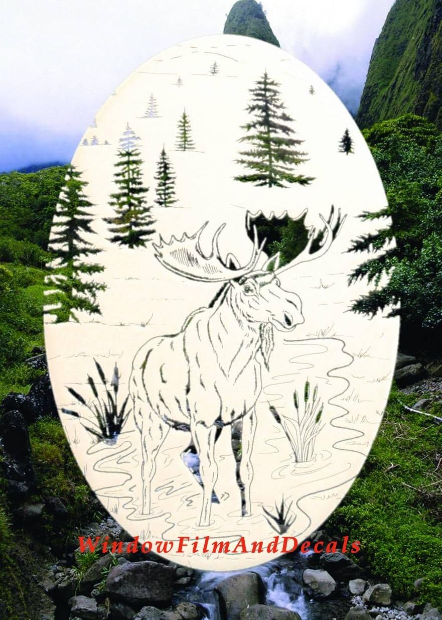 Moose Scene Oval Etched Window Decal Vinyl Glass Cling - 21" x 33" - White with Clear Design Elements