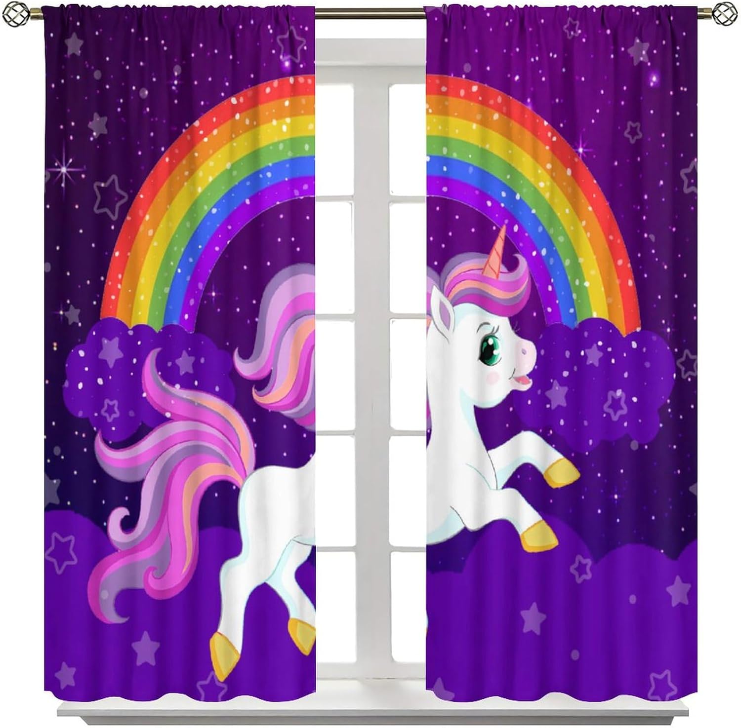 Cute Unicorn Curtains, Cartoon Pink Unicorn Rainbow Purple Starry Sky Stars Clouds Blackout Window Treatments Drapes for Kids Girls Babys Bedroom Livingroom, 42" W X 63" L