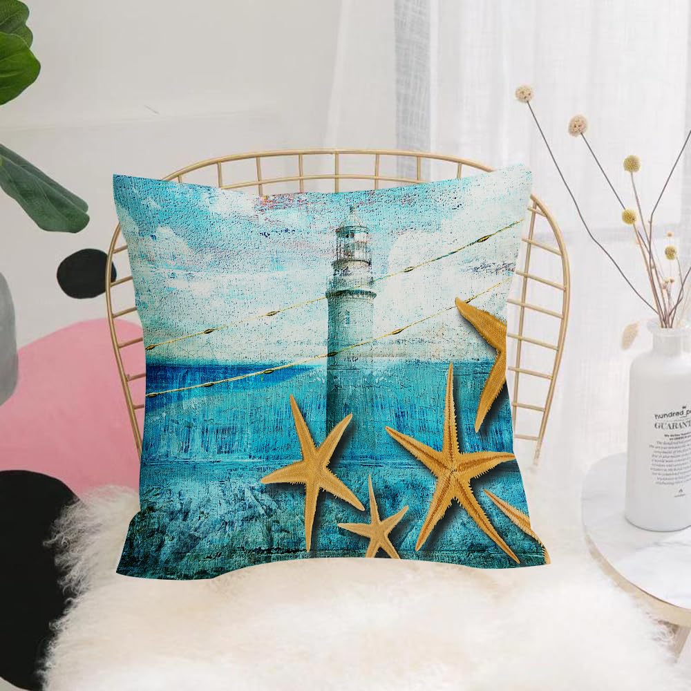 Hyosxw Painted Style Of Blue Tones Artwork, Lightho - A1 Cushion Cover,Throw Pillow Case Home Decorative For Living Room Bedroom Sofa Chair 18X18 Inch,Painted Style Of Blue Tones Artwork, Lighthouse And Golden Starfish On The Seas,Pillowcase 45X45cm