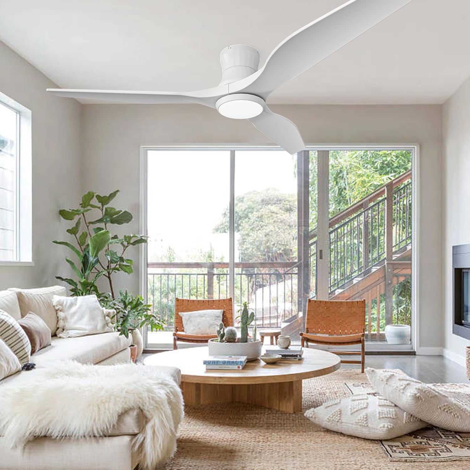 Smart 52" Wood Flush Mount Ceiling Fans with Lights Remote,Quiet DC Motor,Indoor Low Profile Ceiling Fan,Voice Contorl with Alexa App Control, High CFM, Dimmable LED Light, White Wood