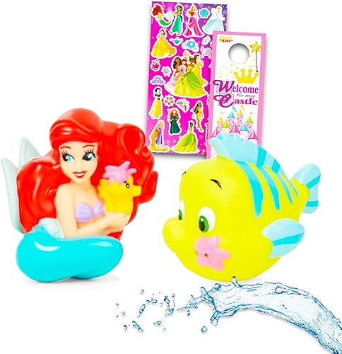 Ariel Water Squirties - Paquete con 2 juguetes de chorro de sirena, calcomanías y ganchos de puerta  Juguetes de baño de Disney para niñas