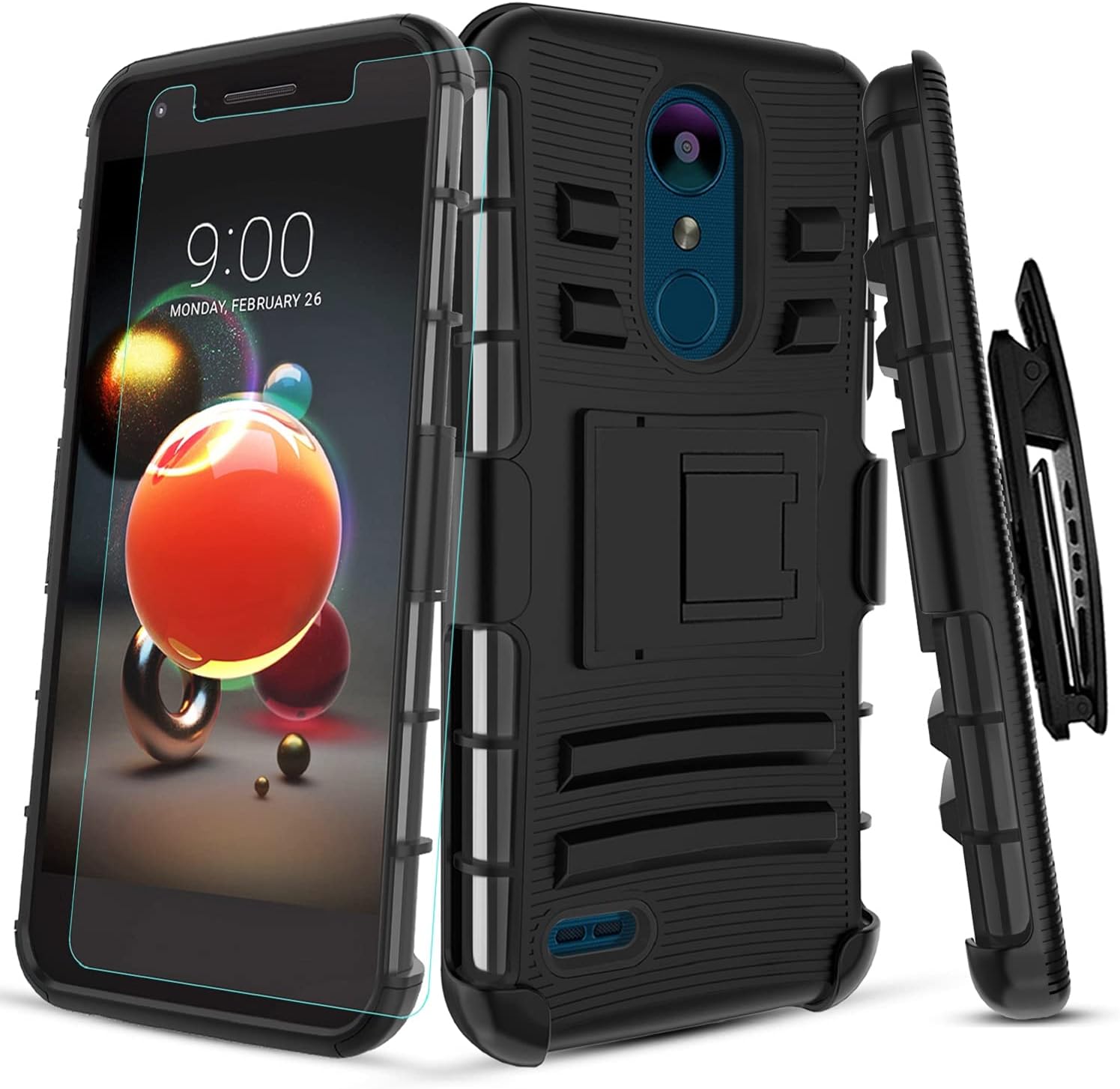 Aetech for LG Aristo 2/Aristo 3/Rebel 4 LTE/Aristo 2 Plus/K8 2018 Plus/Phoenix 4/Tribute Dynasty/Zone 4/Fortune 2/Risio 3 Phone Case with Belt Clip Screen Protector Kickstand for Women Men, Black