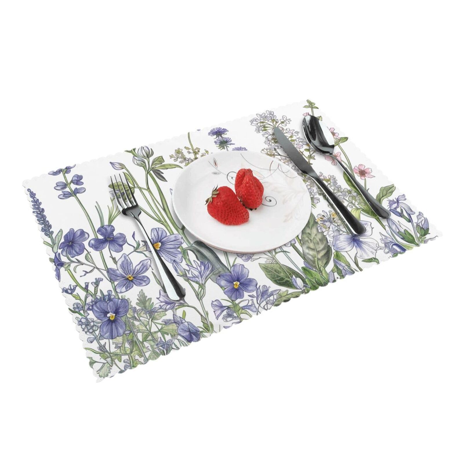 Flowering Herbs and Herbaceous Plants Printed Placemat Heat Resistant Place Mats Set of 4 PCS Washable Kitchen Table Mats, 12x18 Inch