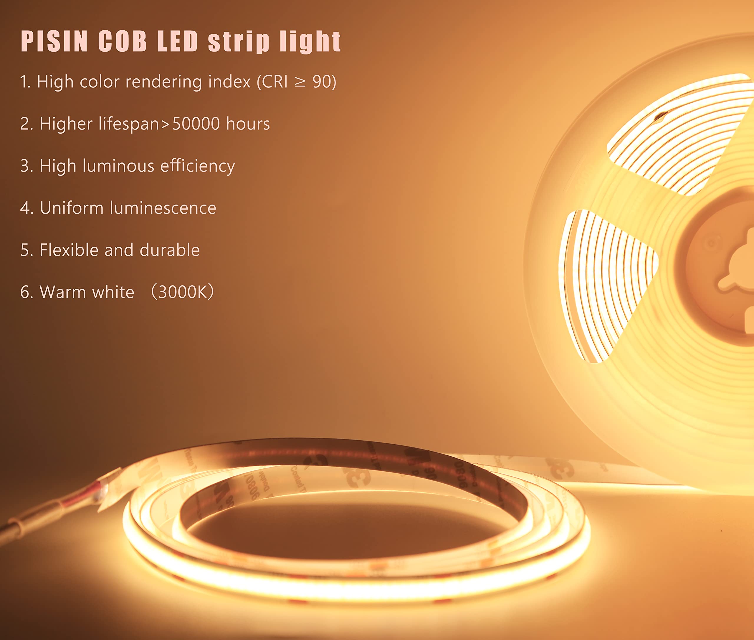 PISIN 12V COB LED Strip Light Warm White 3000K IP20 Uniform Light Emitting 480LEDs/M 16.4FT/5M CRI90 Flexible Can be Cropped LED Light Strip Cabinet Home DIY Lighting Projects (Warm White 3000K)