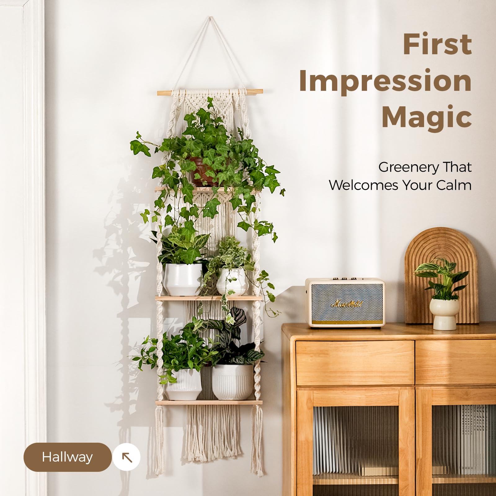 Estante de pared para plantas, soporte para plantas de macramé, 3 niveles, estantes para plantas, decoración bohemia para habitación, estante colgante para plantas, soporte para plantas 7
