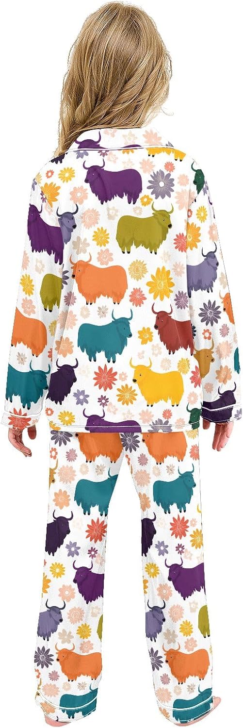 Kids Casual Satin Wear Set Colorful Yak Flowers Pattern Unisex Relaxed Fit Clothing
