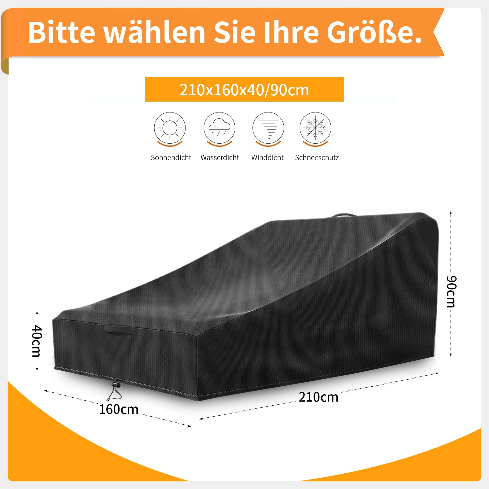 Funda para Tumbona 2 Personas Impermeable, Doble Tumbona Al Aire Libre con Asa y Cordon, Resistente al Viento, 420D (210 * 160 * 40/90cm, Negro)
