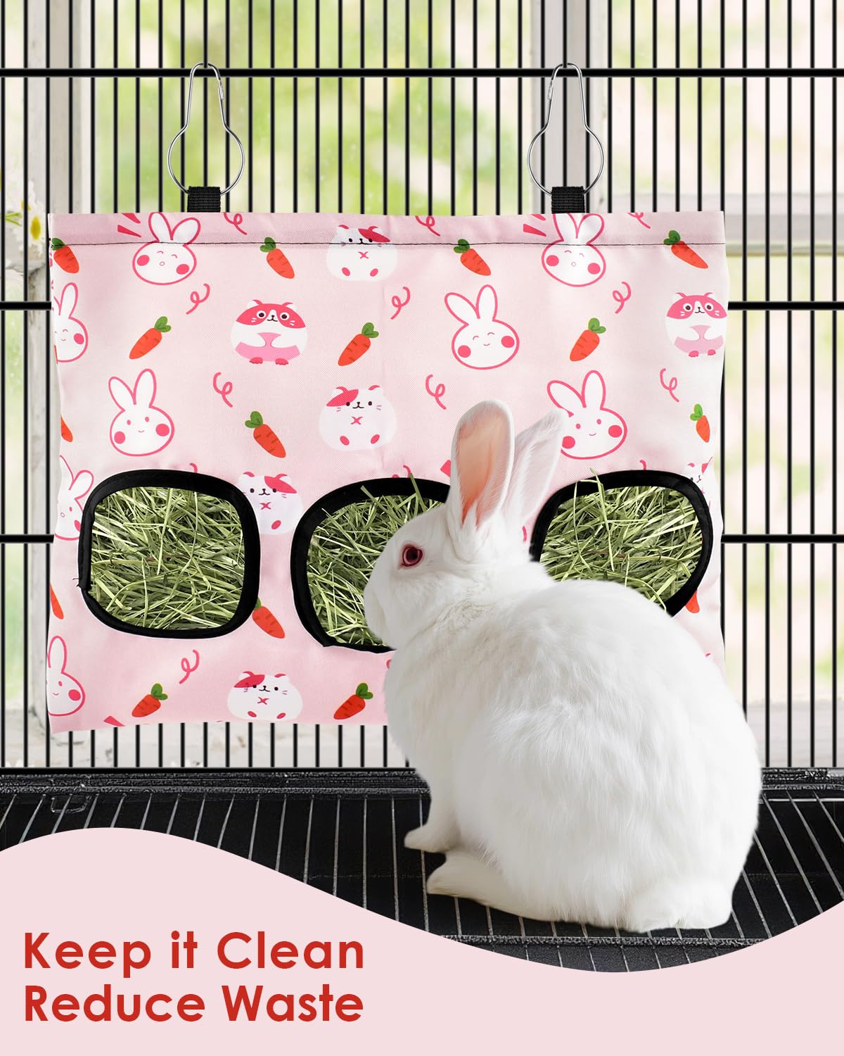 ERKOON 3-Hole Hay Bag for Rabbits & Guinea Pigs, Hanging Hay Feeder, Large-Capacity Grass Rack with Bunny & Carrot Design - Image 4