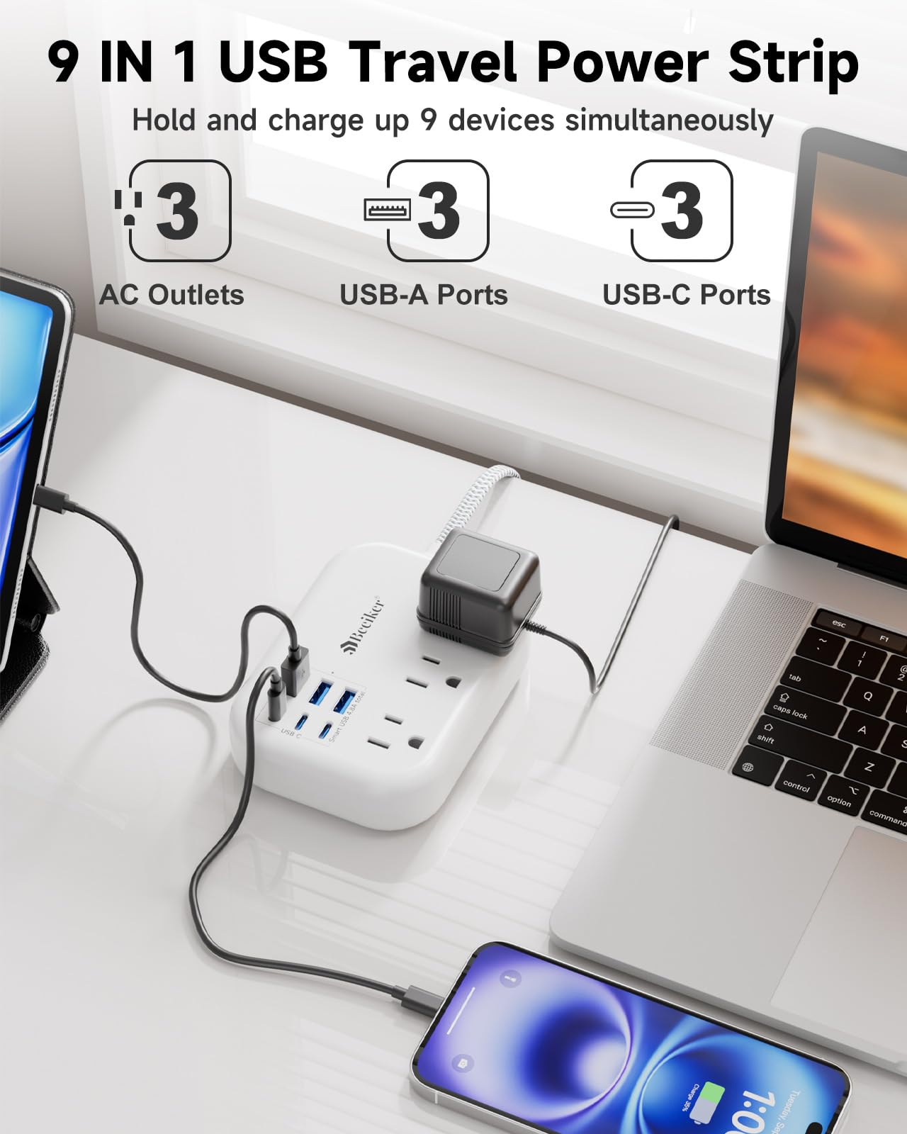 Zasilacz 6 USB (3 USB C), ładowarka podróżna z 6 stacjami ładującymi USB do komputera 24 W/4,8 A i 3 gniazdami, pleciony kabel przedłużający z płaskim złączem 5