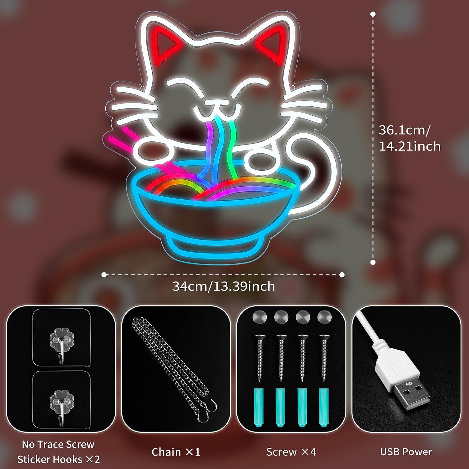 Fortune Cat Ramen Neon Sign, Flowing Color Changing Ramen Neon Sign, Japanese Lucky Cat Eat Noodle Neon Light Up Sign for Wall Decor, USB Powered for Restaurant Ramen Shop Bar Window Decoration