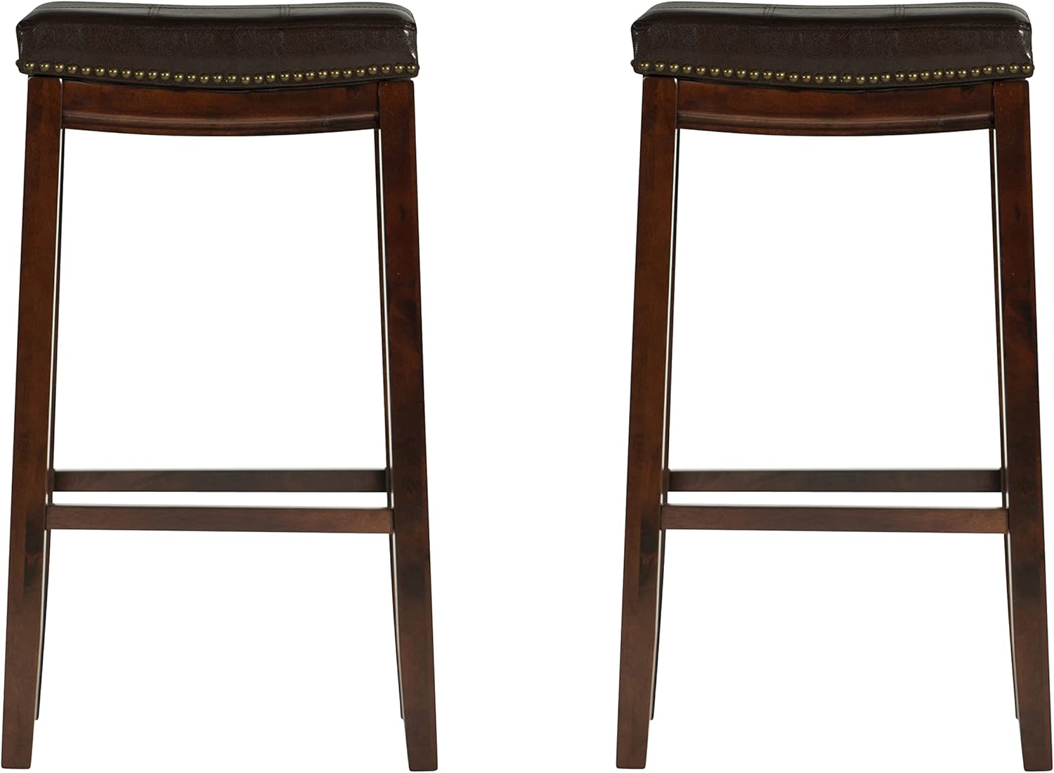 Linon Kingston Brown Wooden Backless 32 Inch Seat Height Barstool with Brown Faux Leather Upholstered Seat and Nailheads, Set of 2